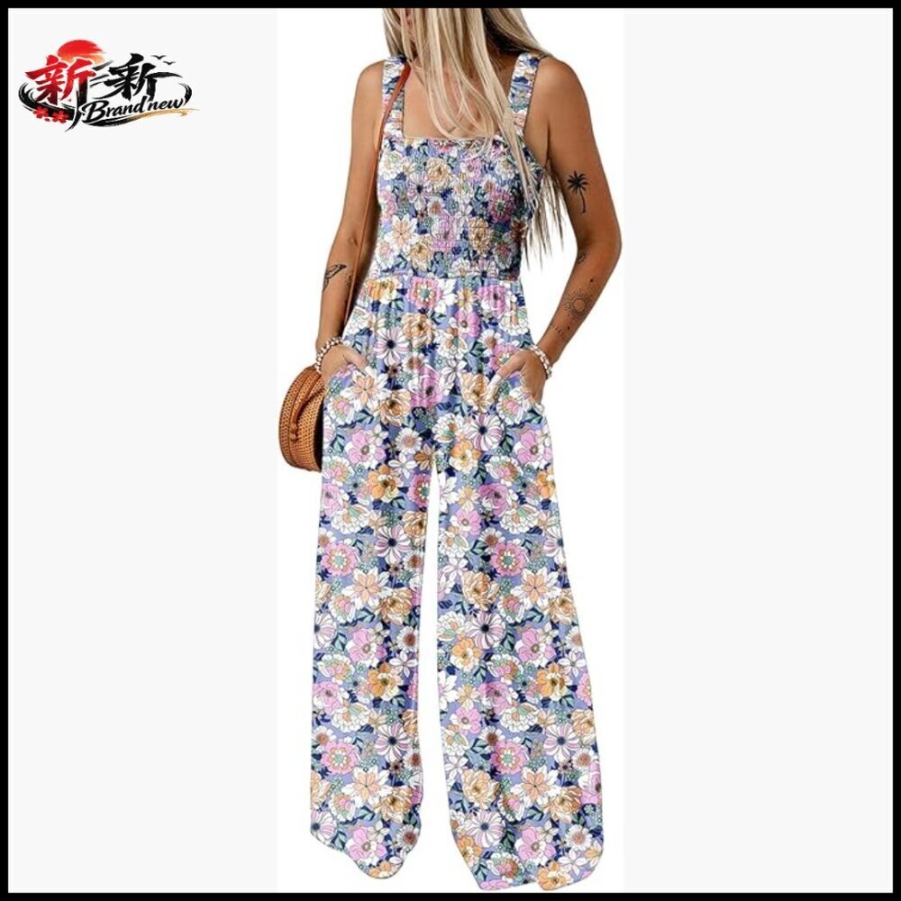 Sleeveless Printed Wide Leg Jumpsuit With Pockets, Loose Fit